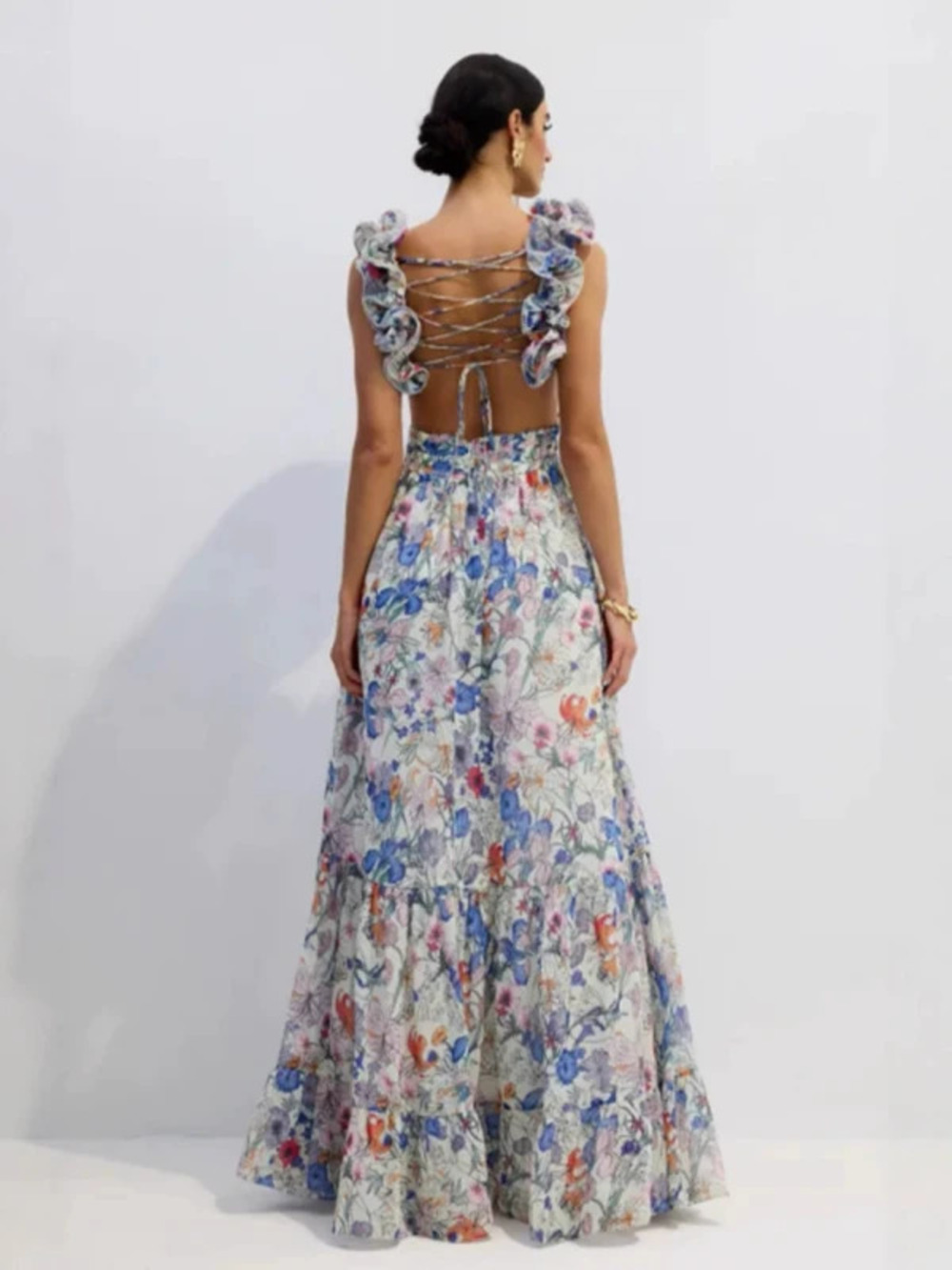 ZARA Elegant Long Sleeveless Dark Chiffon Floral Print Evening Dress